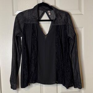 Free People Black Mixed-Media Lace & Denim Blouse